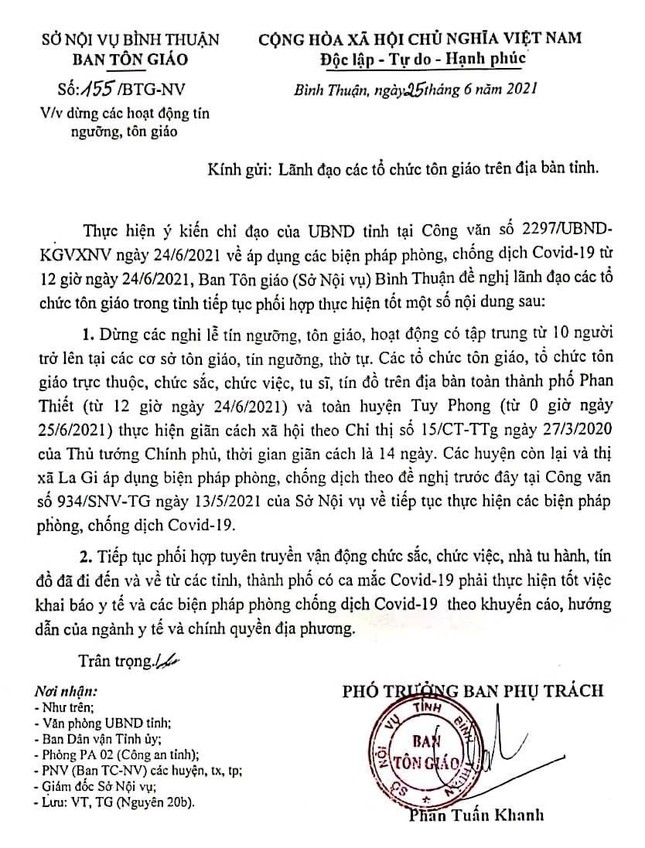 binh thuan  dung cac hoat dong tin nguong ton giao tu 0 gio ngay 25 6 vi co ca covid 19