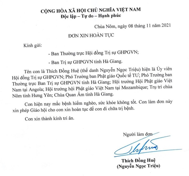 cho hoan tuc va thoi cac chuc vu trong giao hoi doi voi tu si thich dong hue