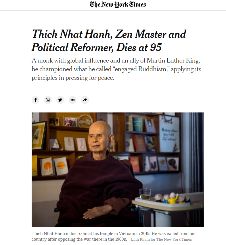 the new york times viet ve thien su thich nhat hanh sau khi ngai qua doi